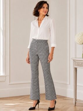 Ann Taylor Black White Gingham Pants Hidden Side Zip Slight Flare Career Chic 6